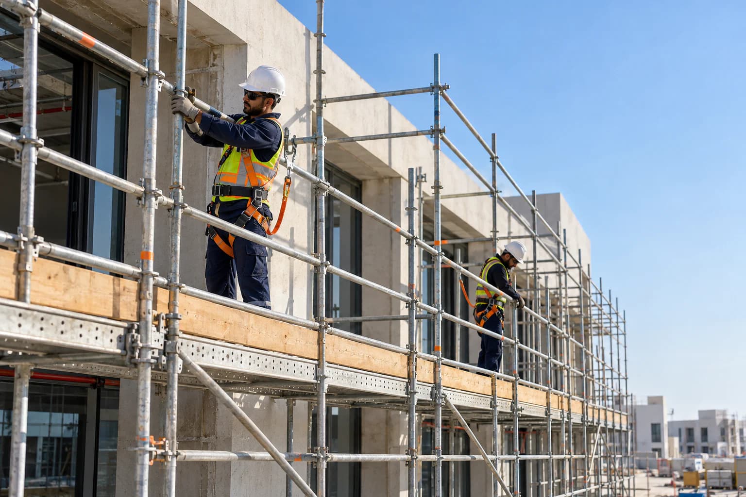 Scaffolding providing access alongside a construction structure