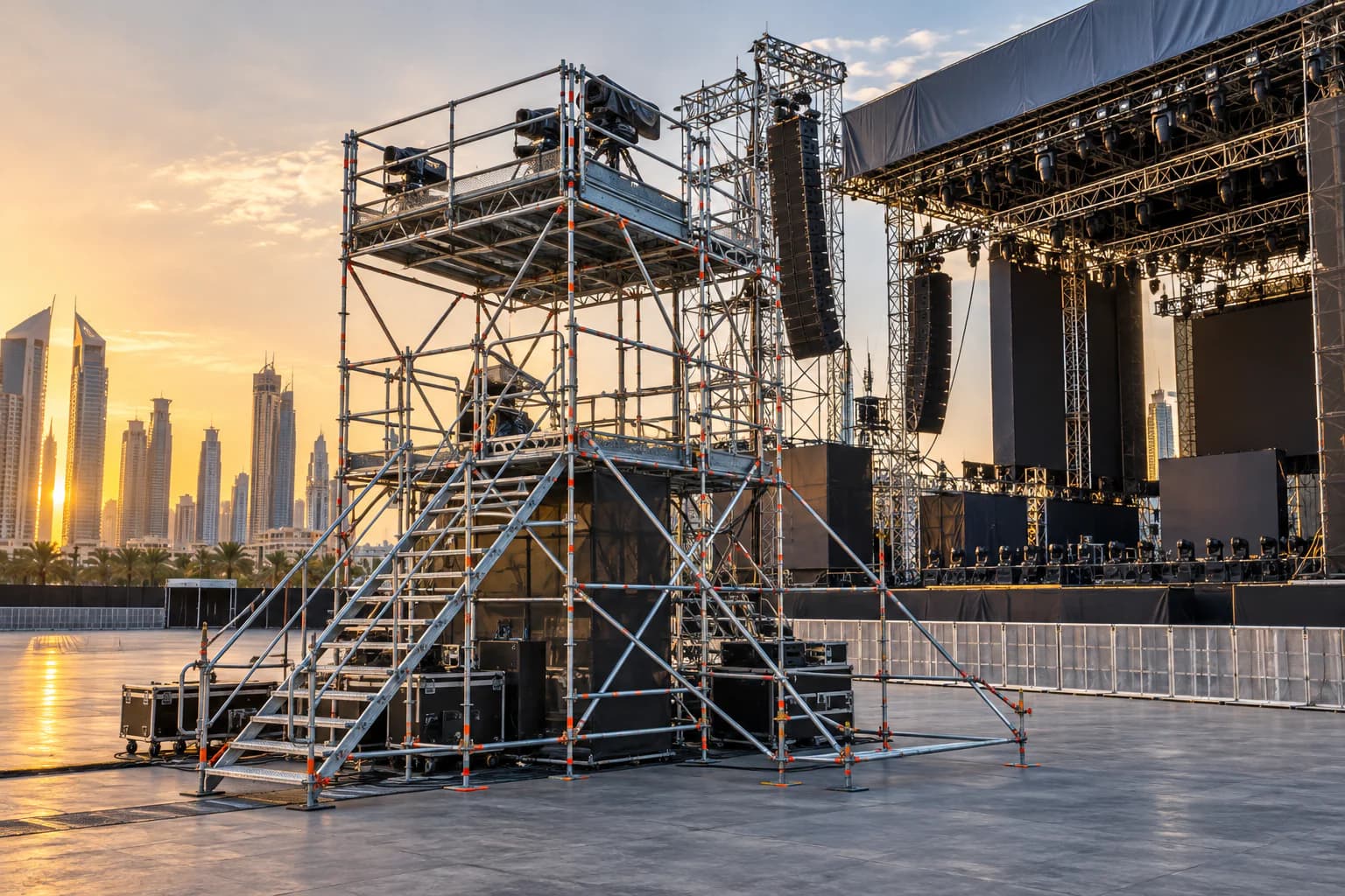 Event-production scaffolding tower beside a concert stage during venue setup
