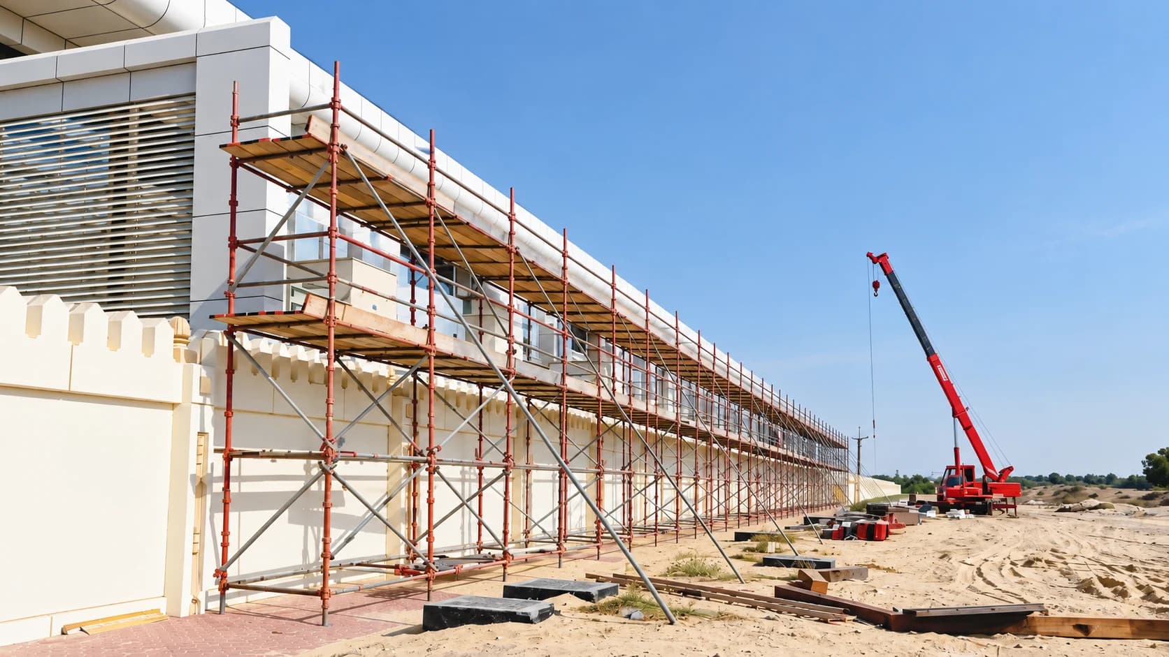 Access scaffolding along a building facade with a crane beside the site
