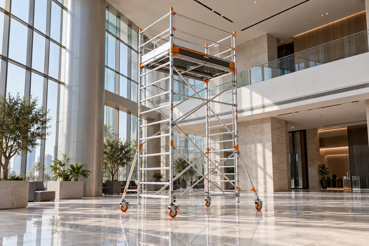 Mobile scaffolding tower with working platform and guardrails
