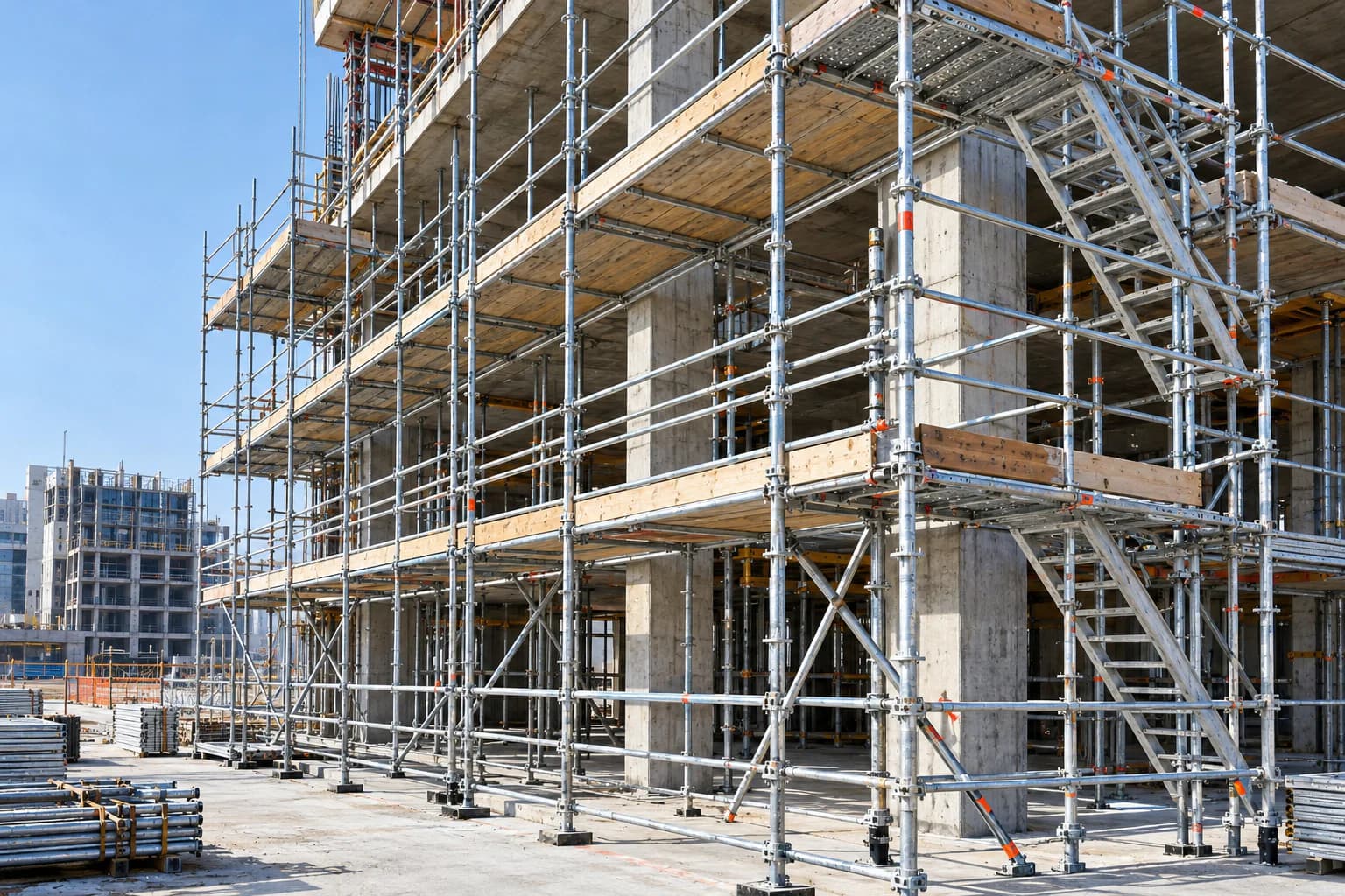Modular scaffolding around a building