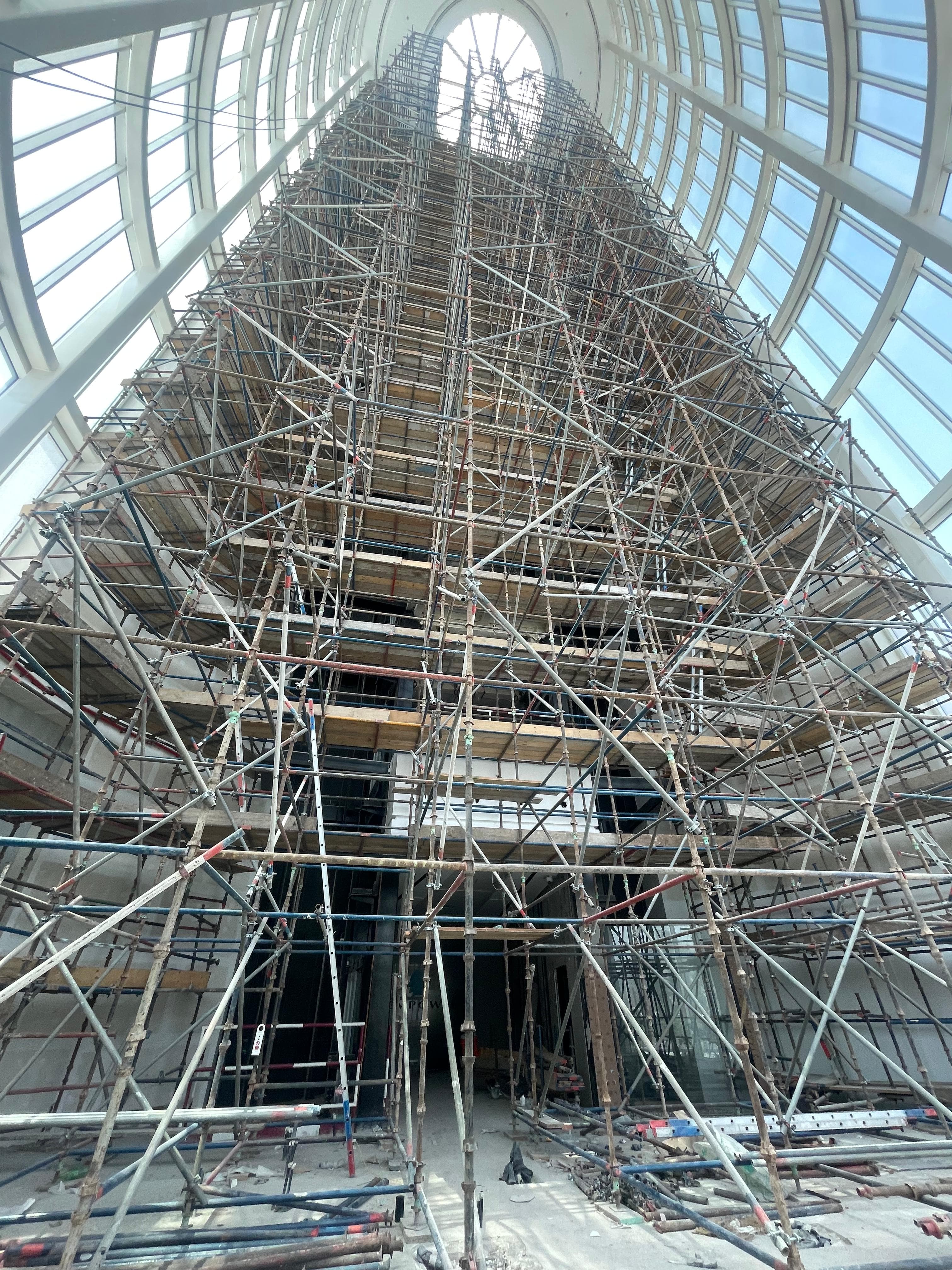 65-meter-high Access Cuplock Scaffolding installed for interior fit-out and MEP works.